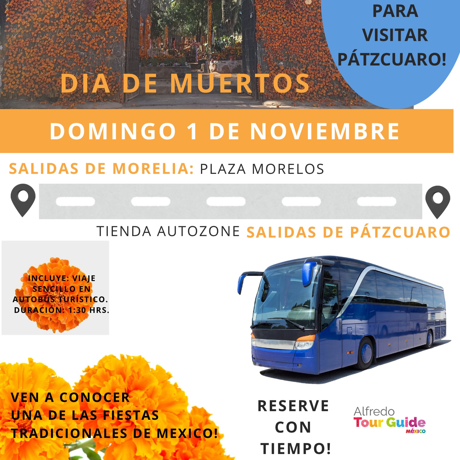 ¿Ya tienes plan para la Noche de Ánimas? 🕯️👆 Desliza arriba para reservar tu lugar¿Vas a Pátzcuaro este 1 de Nov?✅ ¡Sí, ya tengo plan! 👏🔲 Todavía no sabes... 🧐#NocheDeAnimas #Pátzcuaro #NocheDeMuertos #patzcuaromichoacan.¡Tus necesidades de transporte están resueltas con cómodos horarios de ida y vuelta a Pátzcuaro, para que disfrutes al máximo de la festividad del Día de Muertos! .Viaje con un experto que lleva 25 años ofreciendo servicios de transporte..¡Olvídese de los autobuses turísticos y de los taxistas! .Disfrute de tiempo libre para recorrer Pátzcuaro y explorar por su cuenta la cultura local, la arquitectura, las decoraciones, las flores, las velas y los mercados de artesanías..El horario marca la diferencia esa noche: no solo para evitar el tráfico intenso, sino también para salir del caos cuando el consumo de alcohol empieza a estropear la celebración. .Quieres reservar? 👇alfredotourguide@gmail.com